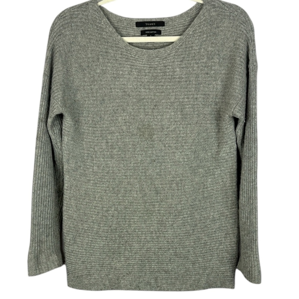 Tahari Light Gray Crew Neck Ribbed Cashmere Long Sleeve Small Pullover Sweater